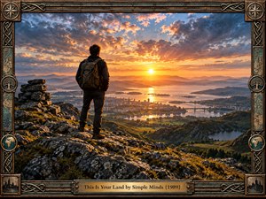 A lone traveler stands on a rocky highland ridge overlooking a vast river valley, distant city, bridges, and layered mountains beneath a radiant sunset. Warm gold and amber light contrast with cool blue clouds and rugged stone. Cinematic realism, deep perspective, Celtic ornament, and an aged decorative frame create an expansive, reflective mood.
