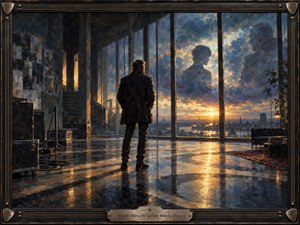 A solitary man stands in a vast shadowed studio, facing towering windows glowing with a golden sunset over the city. Ghostly figures drift across the glass like memories, while instruments, cases, books, and furniture anchor the reflective interior. Rich blue, amber, and bronze tones create a cinematic, introspective oil-painted atmosphere.