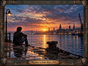A solitary figure sits on a rain-darkened harbor quay, watching a glowing industrial skyline across rippling water at sunset. Deep blues, amber reflections, cranes, spires, ropes, and a weathered bollard create a reflective, cinematic mood. The richly detailed painterly realism is enclosed by an ornate bronze music-inspired frame.