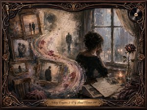 A solitary woman sits beside a rain-streaked window, surrounded by faded photographs, handwritten letters, roses, and candlelight. Muted browns, charcoal blacks, dusty pinks, and cool blue-gray tones create a mournful, intimate mood. Painterly textures and swirling memory fragments suggest loss, longing, and tenderness, enclosed by an ornate rosewood-and-gold musical frame.