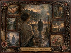 A wistful woman watches a lone figure disappear through a glowing twilight fair, surrounded by faded memories in ornate rosewood frames. Warm amber lights, muted blue-gray shadows, roses, musical details, and antique textures create a dreamlike, melancholic atmosphere. Painterly oil and watercolor effects suggest longing, distance, remembrance, and quiet farewell.