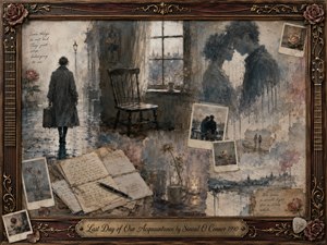 A solitary woman walks away through a rain-soaked street while faded lovers, empty rooms, handwritten letters, roses, and Polaroid memories dissolve around her. Muted blues, sepia, dusty rose, and cream create a mournful atmosphere. Soft diffused light and layered oil, acrylic, and watercolor textures heighten the nostalgic sense of farewell.