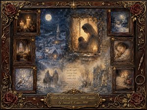 A serene winter collage glows beneath moonlight, centered on a tender mother and child framed by snow, candles, and a distant village church. Ornate rosewood and gold borders hold faded memories of sleeping children, chapel interiors, letters, and winter branches. Deep blues, warm amber light, and painterly textures create a sacred, nostalgic atmosphere.