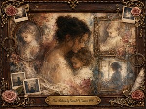 A tender mother cradles a sleeping child amid faded portraits of three babies, surrounded by roses, feathers, photographs, and antique frames. Warm sepia, cream, rose, and muted blue tones glow under soft nostalgic light. The layered mixed-media collage blends painterly textures with aged photographs, framed in ornate rosewood and gold.