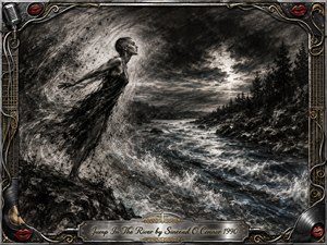 A solitary woman leans toward a raging moonlit river beneath a turbulent charcoal sky, her dark dress streaming in the wind. Deep blacks, silvery grays, and subtle blue water highlights create a raw, defiant mood. An ornate chrome-and-gold musical frame, red lips, cables, records, and engraved title plate complete the dramatic composition.