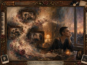A solitary woman sits beside a rain-streaked window, surrounded by fading framed memories of love, family, and music. Warm amber lamplight contrasts with the cool evening city beyond. Sweeping roses and textured brushwork connect past and present, while ornate wood, gold filigree, piano keys, strings, and photographs deepen the melancholy nostalgia.
