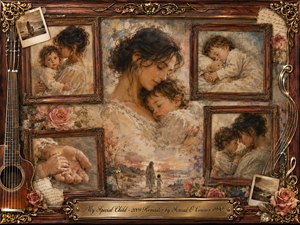 A tender mother cradles her sleeping child at the heart of a nostalgic memory collage, surrounded by smaller rosewood-framed moments of comfort, sleep, and handholding. Warm creams, dusty roses, sepia, and pale blue-gray glow beneath soft light, while watercolor, acrylic, and oil textures blend with roses, photographs, guitar strings, and ornate gold detailing.