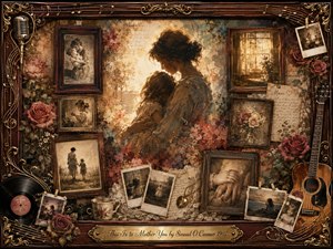 A tender mother cradles her child within a nostalgic rosewood-framed collage of faded photographs, roses, handwritten letters, records, and musical details. Warm amber light surrounds them, blending sepia, muted rose, cream, and teal tones. Layered oil, acrylic, and watercolor textures create a gentle atmosphere of memory, protection, and enduring love.