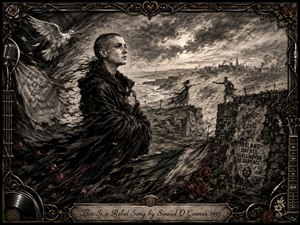A defiant woman stands on a windswept Irish coast beneath storm-darkened skies, surrounded by barbed wire, ruined stone walls, distant lovers, and a soaring white dove. Deep charcoal textures, smoky grays, muted greens, and crimson roses create a mournful, rebellious mood, framed by ornate metallic music motifs and engraved detailing.