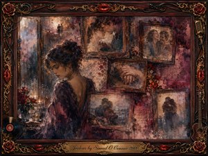A sorrowful woman stands amid a rosewood-framed collage of fading romantic memories, surrounded by roses, handwritten notes, vinyl, guitar details, and crimson lips. Deep burgundy, sepia, charcoal, and antique gold tones glow under soft candlelit illumination, blending oil, acrylic, and watercolor textures into an intimate atmosphere of jealousy, longing, and loss.