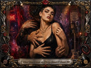 A sultry woman with cropped dark hair stands enveloped by intimate reaching hands in a smoky nightclub setting, expressing desire, vulnerability, and defiance. Deep crimson, black, violet, and gold tones glow under dramatic stage lighting. Rich oil-painted textures, neon accents, guitars, microphones, roses, chrome filigree, and red lips create a lavish rock-inspired frame.