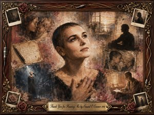 A contemplative woman gazes upward amid a softly layered collage of intimate memories, handwritten notes, performances, roses, and shadowed figures. Warm sepia, muted crimson, and golden light create a tender, reflective mood. Painterly textures blend oil, acrylic, and watercolor effects, framed by ornate rosewood, gold filigree, cables, photographs, and an engraved title plate.