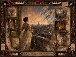 A solemn woman in a flowing ivory gown stands on a balcony above a candlelit Buenos Aires crowd at sunset. Vintage rosewood frames surround fading memories of roses, microphones, faces, and stage lights. Warm gold, sepia, dusty blue, and muted red tones create a tender, nostalgic oil-and-watercolor atmosphere.