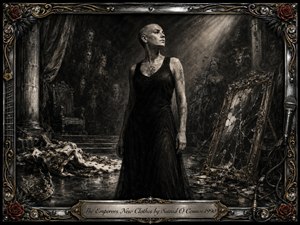 A solitary, defiant woman stands in a ruined theatrical chamber, surrounded by shadowy faces, fallen regalia, and a shattered mirror. Deep charcoal textures dominate the somber palette, pierced by dramatic overhead light. Ornate chrome-and-gold framing, roses, guitar details, and a microphone reinforce the haunting, confrontational atmosphere.