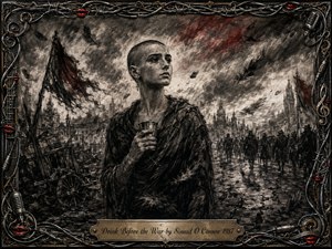 A solitary shaved-headed woman grips a metal cup amid a ruined city as shadowy soldiers march through smoke and rubble. Deep charcoal textures, stormy grays, black shadows, and restrained crimson accents create a mournful, defiant mood. An ornate barbed-wire and musical-metal frame surrounds the dramatic, expressionistic anti-war scene.