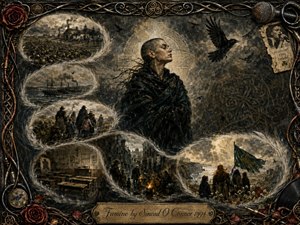 A solemn charcoal-toned memorial tableau centers on Sinead OConnor wrapped in dark fabric beneath Celtic motifs and circling ravens. Feathered memory scenes trace famine, displacement, oppression, and resilience in an S-shaped composition. Sepia, black, muted gold, and weathered green dominate, framed by roses, cables, metalwork, records, and an engraved title plate.