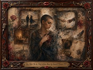 A solemn woman cradles a wounded heart within a fading collage of lovers, reaching hands, candlelight, letters, feathers, and distant city memories. Sepia, smoky blue, burgundy, and antique gold create a mournful warmth. Soft painterly lighting and layered oil-watercolor textures are enclosed by an ornate rosewood musical frame.