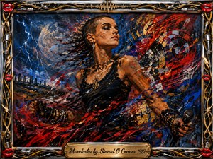 A fierce singer dominates a storm-charged stage, microphone in hand, surrounded by explosive red, blue, black, and gold brushwork, musical notes, and lightning. Dramatic moonlit contrast heightens the rebellious mood. The textured mixed-media portrait is enclosed by an ornate chrome-and-gold musical frame, bright red lips, and an engraved title plate.