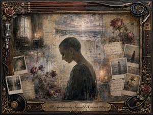 A solitary shaved-headed woman stands in quiet reflection amid faded photographs, wilted roses, handwritten notes, candles, and a misty seascape. Muted grays, smoky blues, sepia, dusty rose, and antique gold create a sorrowful, tender mood. Layered oil, acrylic, and watercolor textures evoke memories dissolving within an ornate musical frame.