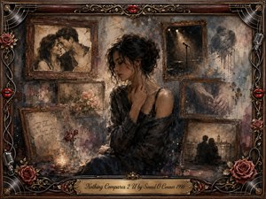 A solitary woman sits amid fading rosewood-framed memories of love, flowers, and an empty stage, surrounded by muted sepia, charcoal, and dusty blue tones. Soft candlelight deepens the melancholy atmosphere. Layered oil, acrylic, and watercolor textures create a weathered dreamlike collage, enclosed by ornate musical details and roses.