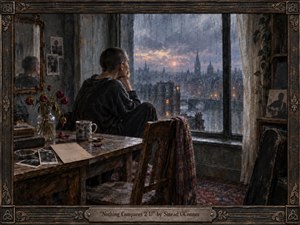 A solitary short-haired figure sits beside a rain-streaked window, gazing across a misty twilight city. Wilted roses, scattered photographs, and a patterned mug deepen the sense of memory and loss. Cool blue-gray tones, warm distant lights, textured oil-like brushwork, and an ornate dark frame create a haunting, intimate atmosphere.