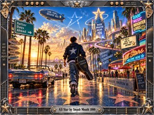 A young musician strides along a gleaming, star-studded boulevard toward a radiant futuristic skyline. Palm trees, neon storefronts, a vintage convertible, and a golden coastal sunset create an energetic atmosphere. Electric blues and warm oranges illuminate the nostalgic digital painting, while an ornate chrome guitar-inspired frame celebrates confidence, optimism, and adventure.