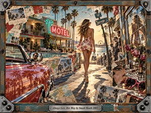 A confident woman in a floral dress strides toward a sunlit California pier, surrounded by palm trees, a neon motel, and a red convertible. Torn postcards, magazine fragments, wilted roses, and chrome reflections create a playful yet mysterious collage. Golden light illuminates turquoise, coral, and weathered metal textures.