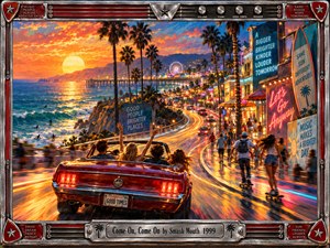 A vibrant acrylic painting captures a carefree coastal drive at sunset, with friends riding in a red convertible along a winding boulevard. Golden ocean reflections, silhouetted palms, neon storefronts, and distant carnival lights create an energetic atmosphere. A decorative chrome frame with musical details completes the nostalgic scene.