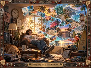 A relaxed dreamer lounges in a cluttered room as tropical fantasies spill through the window. Sunlit beaches, winding coastal roads, palm trees, and floating postcards swirl around him in vibrant turquoise and gold. This surreal digital painting blends everyday monotony with carefree escape, enclosed by a guitar-inspired wooden frame.