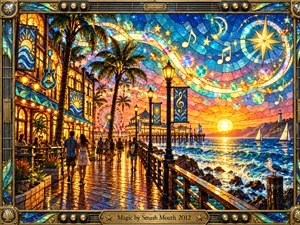 A luminous stained glass seaside boardwalk glows beneath a spectacular sunset, where palm trees, strolling couples, carnival lights, and sparkling waves create a playful summer atmosphere. Colorful musical notes and celestial ribbons swirl overhead, while an ornate brass frame with guitar details surrounds the jewel toned scene.