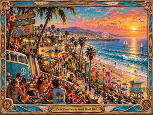 A lively California beach town glows beneath a coral sunset as friends gather beside a vintage van and surfers ride turquoise waves. Palm trees, sailboats, colorful banners, and a distant Ferris wheel animate the sweeping coastline. Rich acrylic brushwork, golden reflections, and an ornate wooden frame capture carefree coastal celebration.