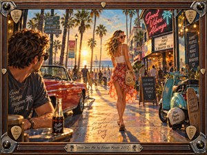 A golden sunset illuminates a lively coastal boardwalk where a smiling blonde woman glances toward an admiring man. Palm trees, neon signs, a red convertible, and turquoise scooter enrich the vibrant scene. Warm orange reflections and expressive brushwork create romantic excitement, framed by polished wood, chrome, and musical details.