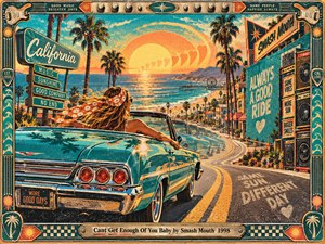 A turquoise convertible cruises along a winding California coast as a carefree passenger faces a glowing sunset. Palm trees, repeating hearts, vintage signs, and stacked speakers energize the scene. Warm orange light meets ocean blues in a textured retro screenprint, enclosed by an ornate guitar-themed frame and engraved title plate.