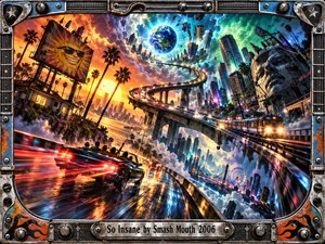 A speeding convertible races along a twisting elevated highway through a surreal coastal city, while a glowing blue Earth hangs beneath turbulent skies. Fiery orange sunset clashes with electric teal skyscrapers, speeding trains, a grinning sun billboard, and a looming stone face. Chrome guitar hardware frames this frantic cinematic digital painting.