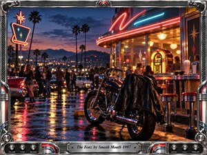 A chrome motorcycle draped with a black leather jacket anchors a rain-slick diner parking lot at twilight. Neon reds and blues ripple across pavement as vintage cars, chatting figures, and palm trees recede beneath a violet sky. Warm jukebox light and a metallic musical frame complete the cinematic, nostalgic scene.