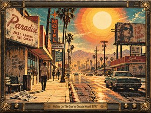 A blazing sun hangs over a faded boulevard lined with palm trees, vintage cars, roadside signs, and distant mountains. A solitary pedestrian walks through shimmering golden heat beneath a teal sky. Distressed screen-print textures, burnt orange shadows, and a brass amplifier-inspired frame create a nostalgic, satirical 1990s atmosphere.