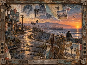 A solitary figure watches a golden coastal sunset as a winding, cracked road passes a weathered motel toward a distant pier. Torn photographs, faded maps, rusted metal, and scattered memories create a nostalgic mixed-media collage. Warm amber light, smoky blue shadows, and intricate guitar-inspired framing evoke loneliness and reflection.