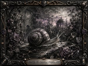 A large glistening snail crawls through a rain-darkened, overgrown garden beneath a hazy moon, surrounded by wilted violet roses and ghostly ruins. Deep charcoal textures, smoky grays, silver highlights, and muted purple create a melancholic dreamscape. An ornate metallic frame with musical details and an engraved title plate completes the gothic composition.