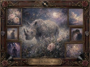 A moonlit rhinoceros stands quietly in a dreamlike wildflower meadow, surrounded by faded rosewood-framed memories of roses, lovers, stage lights, and twilight skies. Muted blues, lavender, cream, and antique gold create a wistful mood, while painterly textures, glowing haze, vinyl records, strings, and ornate floral details evoke nostalgic alternative-rock romance.