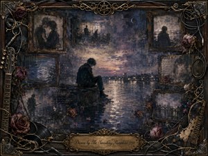 A solitary figure sits beside a dark, reflective waterfront beneath a bruised twilight sky, surrounded by faded framed memories, wilted roses, guitars, records, cables, and ornate gold detailing. Deep blues, charcoal blacks, muted purples, and warm bronze highlights create a melancholic, dreamlike atmosphere in a richly textured painterly collage.