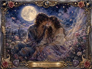 A moonlit bohemian couple sits entwined among wildflowers, nearly kissing beneath a luminous full moon and star-filled indigo sky. Silvery blues, lavender, rose, cream, and gold create a tender dreamlike glow. Painterly oil, acrylic, and watercolor textures blend with drifting petals, gauzy fabric, and an ornate music-themed metallic frame.