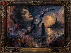 A dreamlike gothic painting shows a solitary woman beside moonlit water beneath a glowing amber moon, while a larger ethereal face fades into the shadowed sky. Deep blues, purples, rust reds, and gold create a wistful mood, framed by ornate guitars, strings, skull medallions, feathers, bubbles, and antique metallic filigree.