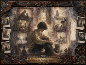 A solitary young figure sits amid fading childhood memories, surrounded by antique rosewood frames, Polaroids, roses, records, and tangled guitar strings. Muted sepia, charcoal, dusty blue, and warm gold tones create a tender, melancholic mood. Soft glowing light and layered painterly textures blend watercolor, acrylic, and aged oil-paint effects.