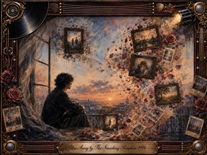 A solitary figure sits beside an open window overlooking a glowing sunset cityscape as cherished memories scatter into the air through framed photographs, roses, and faded snapshots. Warm amber, dusty blue, and burgundy tones create a wistful mood, while painterly textures and ornate musical framing blend nostalgia, romance, and quiet emotional release.
