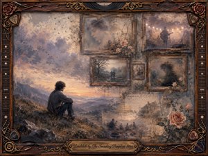 A solitary figure sits on a rugged mountainside at sunset, surrounded by faded framed memories of faces, lovers, music, and distant gatherings. Muted rose, amber, charcoal, and lavender tones create a wistful atmosphere. Soft painterly textures merge oil, acrylic, and watercolor effects within an ornate rosewood, guitar-themed frame.