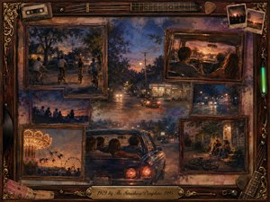 A nostalgic twilight collage captures youthful freedom through bicycles, car rides, carnival lights, neighborhood streets, and quiet gatherings beneath glowing skies. Deep blues, amber streetlights, and warm sunset tones blend in richly textured painterly layers. Vintage rosewood frames, guitar strings, cassette details, and aged photographs surround the memories with wistful tenderness.