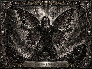 A tortured winged figure strains against taut wires in a shattered industrial ruin, framed by lightning, debris, and broken music gear. Deep charcoal textures, smoky grays, black shadows, and muted crimson create a furious, claustrophobic mood. An ornate metallic frame of skulls, barbed wire, studs, and gold accents intensifies the gothic rock imagery.