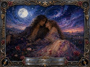 A bohemian couple reclines tenderly in a rose-strewn meadow beneath a luminous moon and swirling cosmic sky. Deep indigo, violet, crimson, silver, and gold create a dreamy, romantic atmosphere. Rich oil-like textures blend with watercolor softness, while an ornate metallic frame of roses, stars, records, speakers, and guitar details completes the scene.