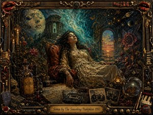 A dreamy woman reclines in an ornate chair amid ruined temples, candles, roses, bottles, photographs, and music relics, surrounded by a surreal cosmic landscape. Deep teal, gold, burgundy, and amber tones glow beneath dramatic, mystical lighting. Rich painterly textures, celestial imagery, guitars, and an elaborate metallic frame create a haunting, romantic atmosphere.