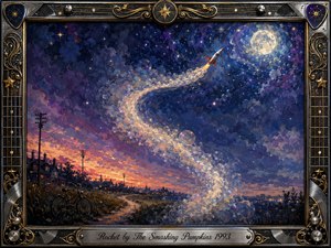 A small rocket climbs toward a glowing moon along a sweeping S-shaped trail of luminous bubbles and clouds above a quiet twilight neighborhood. Deep indigo, violet, silver, and warm sunset tones create a dreamy, hopeful mood. Painterly gouache textures, stars, a silhouetted bicycle, and an ornate music-themed metallic frame enhance the nostalgic atmosphere.